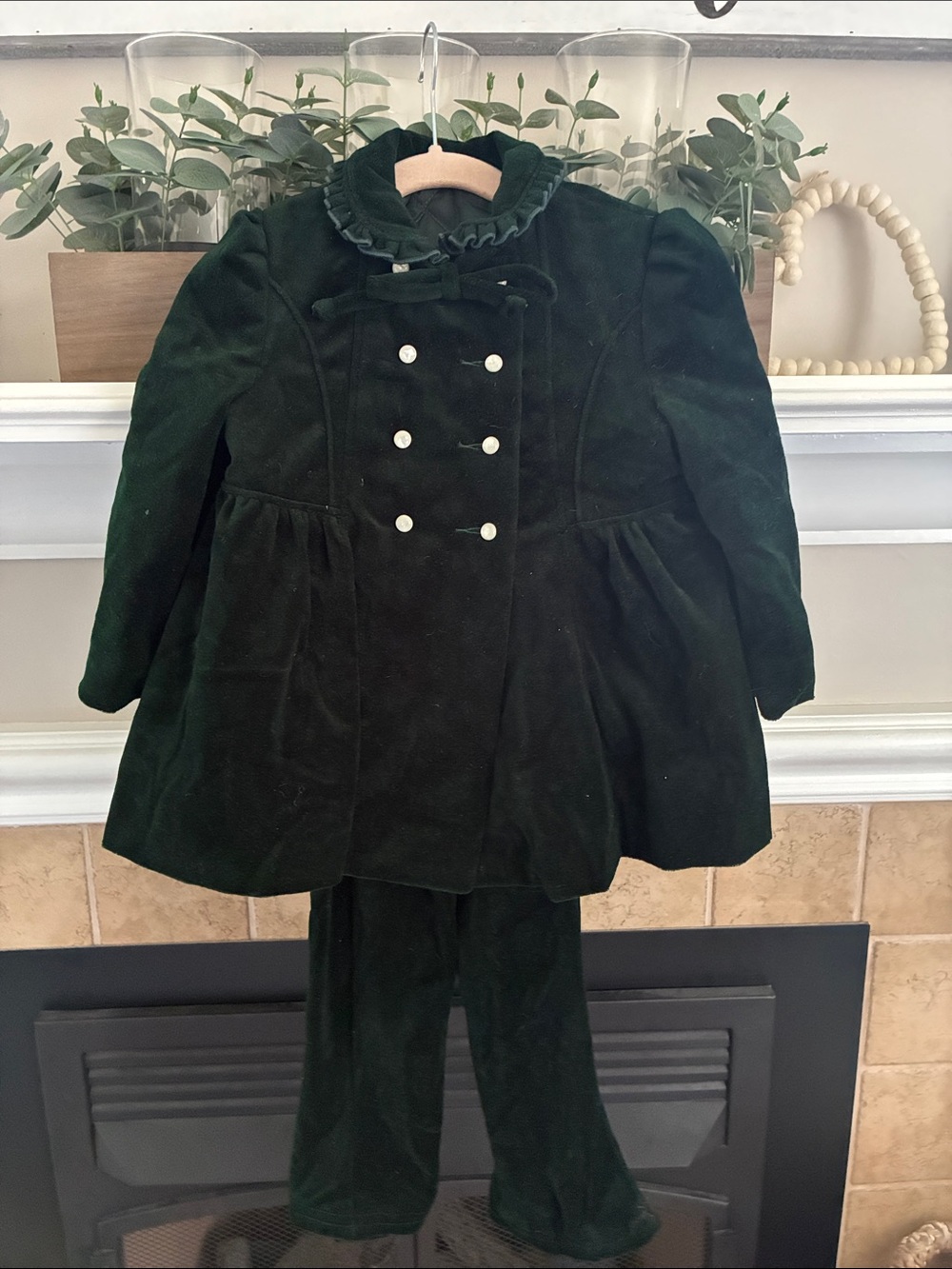 Size 3 Vintage Hunter Green Velvet Double Breasted Coat and Flare Pants Set